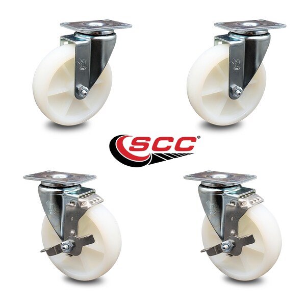 5 Inch Nylon Wheel Swivel Top Plate Caster Set With 2 Brakes